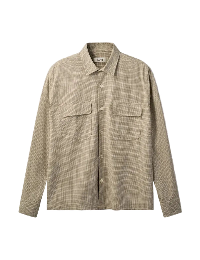 Foret Lunar Relaxed Fit Textured Overshirt in Khaki Green Check