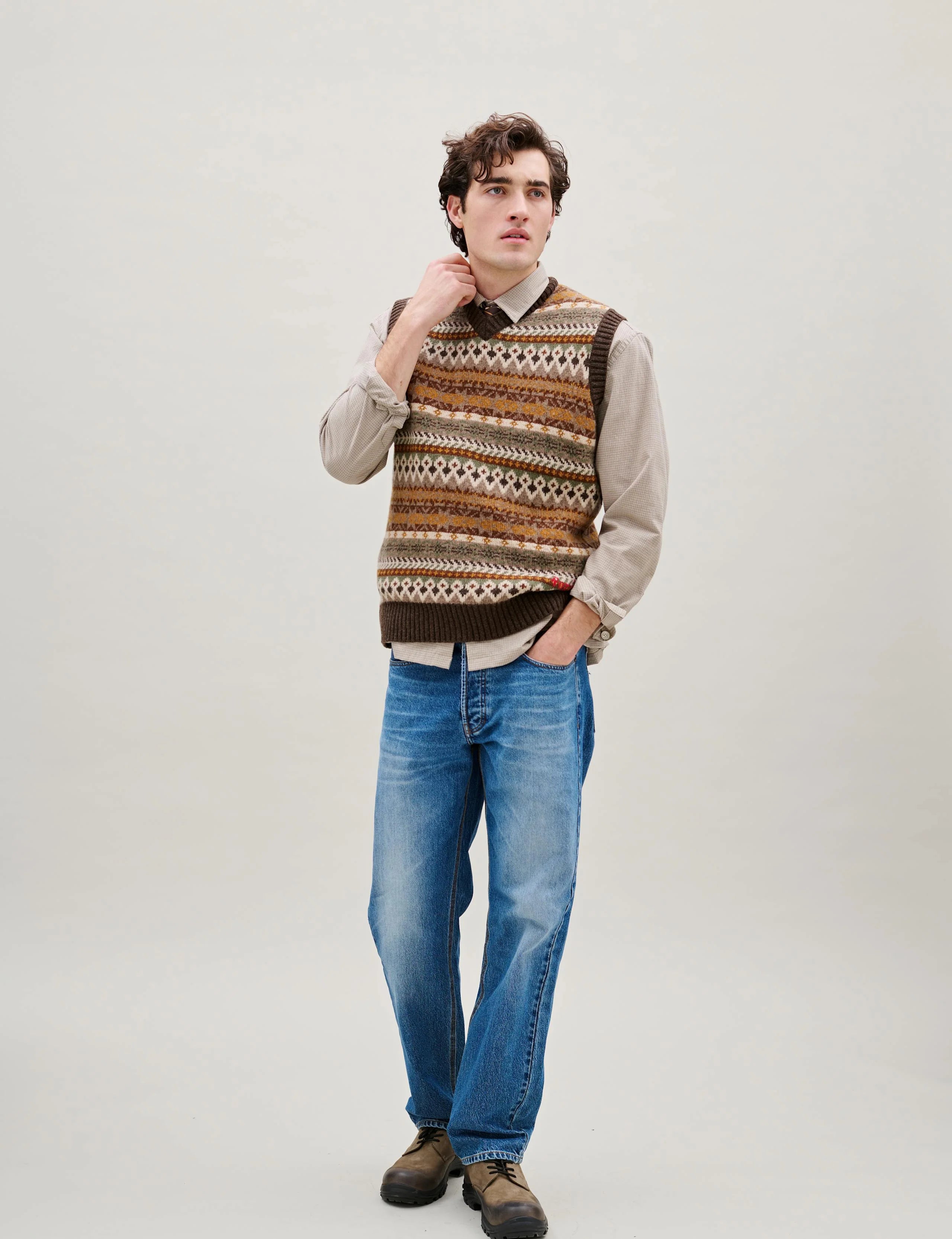 Foret Lunar Relaxed Fit Textured Overshirt in Khaki Green Check worn