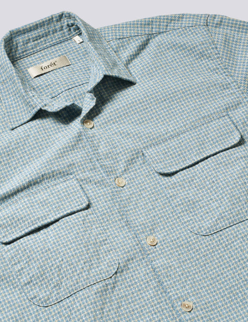Fabric detail of Foret Lunar Relaxed Fit Textured Overshirt in Light Blue Check