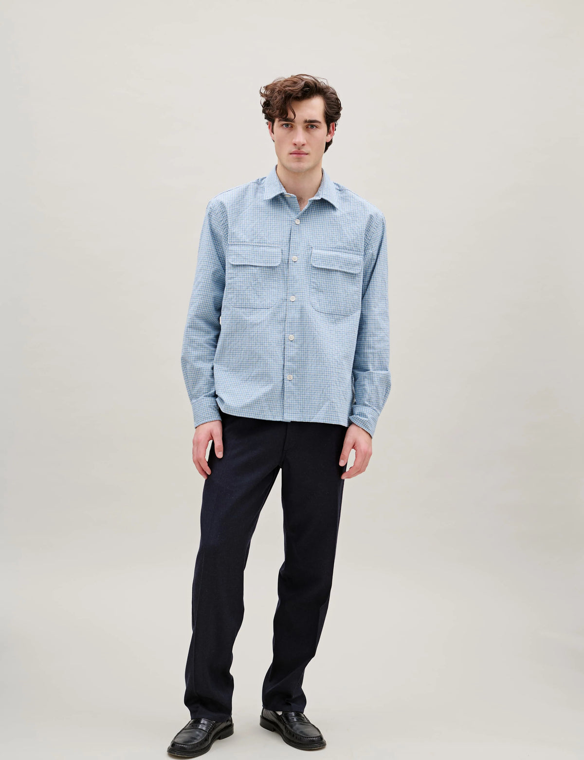 Foret Lunar Relaxed Fit Textured Overshirt in Light Blue Check worn