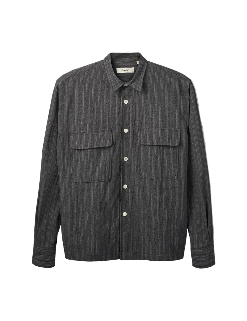 Lunar textured overshirt black stripe by Foret front view relaxed fit overshirt