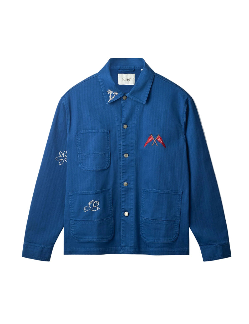 Foret Sports Camp overshirt blue front view organic cotton workwear shirt embroidered detail