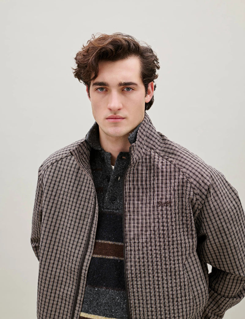 Front detail of Foret Stream Track Jacket in Wood Check