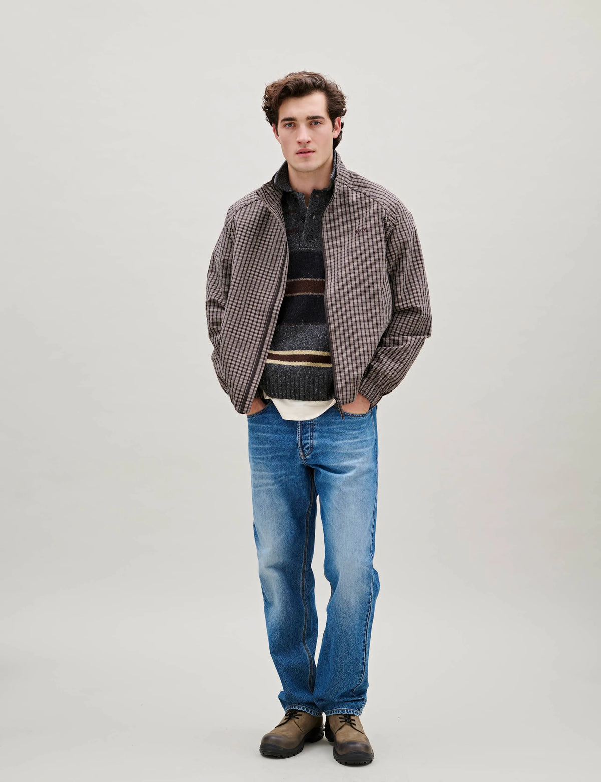 Foret Stream Track Jacket in Wood Check worn