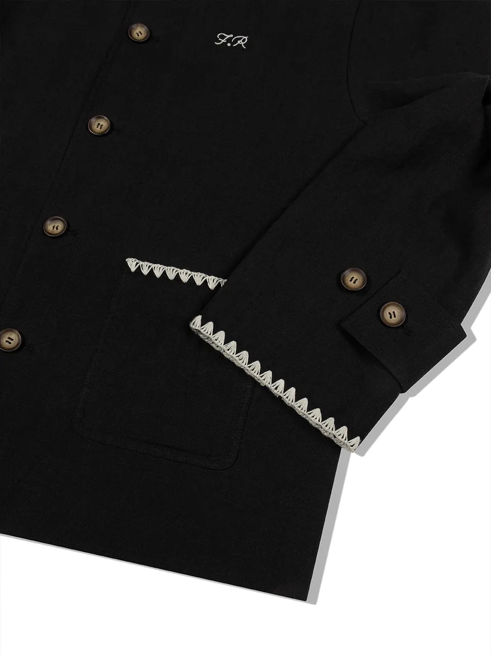 Chest embroidery detail of FRITUR Embroidery Collar Jacket in Black