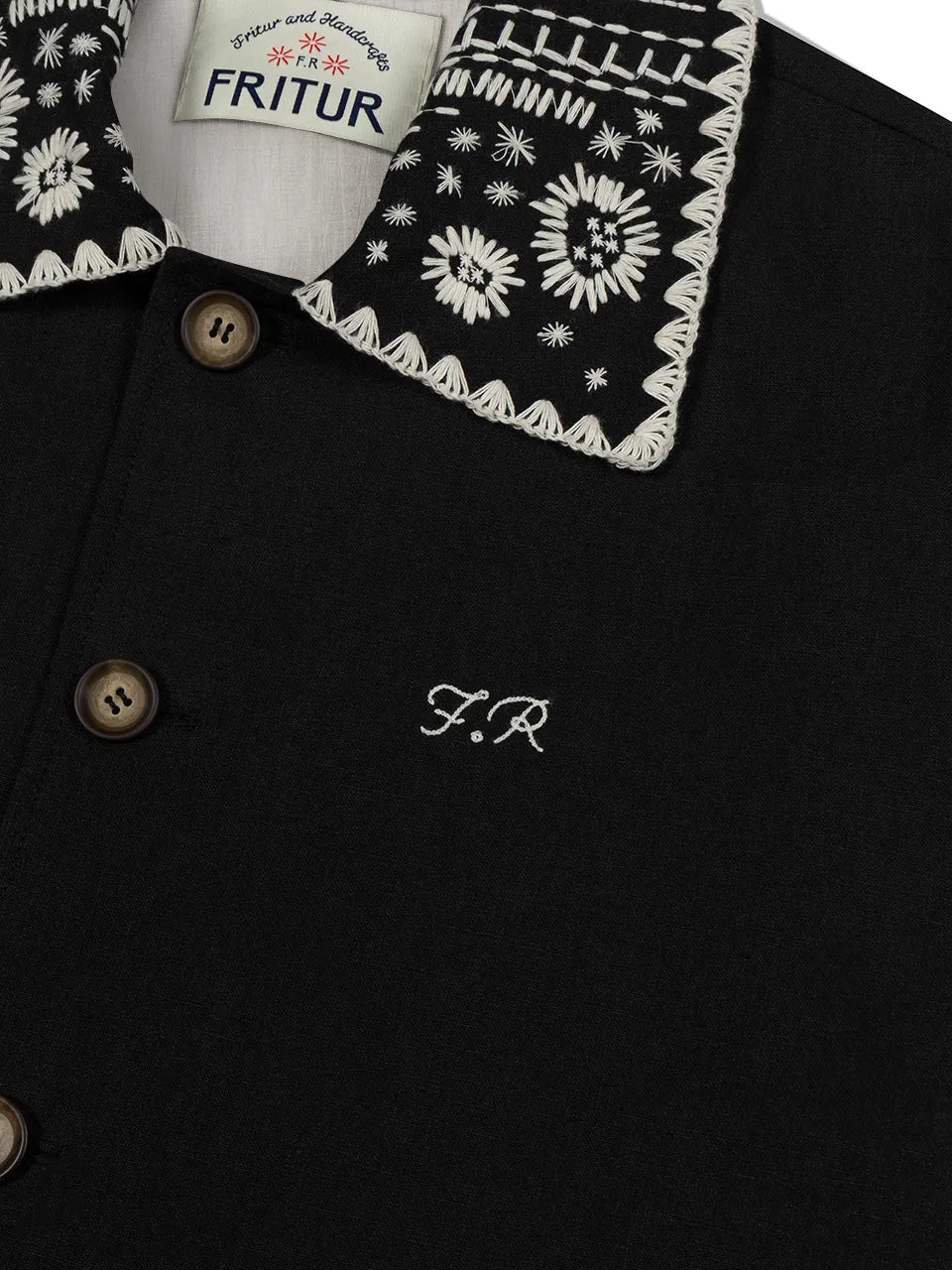 Hand-embroidered collar detail of FRITUR Embroidery Collar Jacket in Black