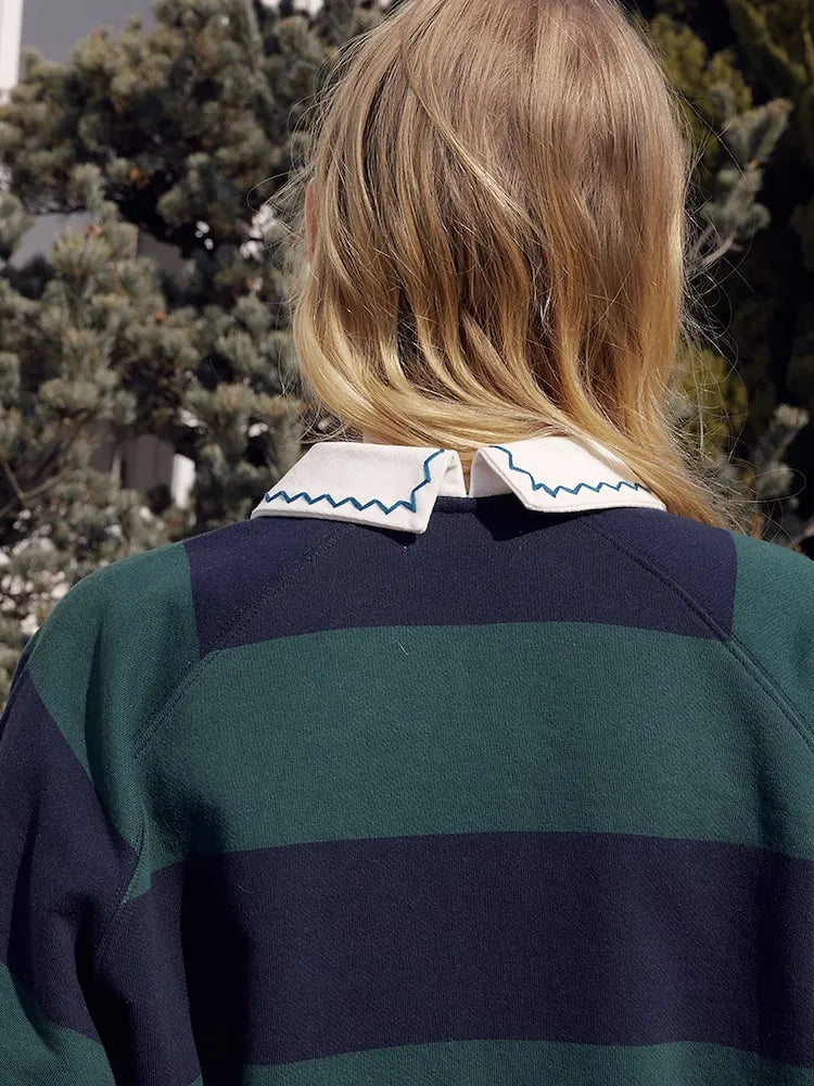 Back view of FRITUR Embroidery Round Collar Sweatshirt in Green