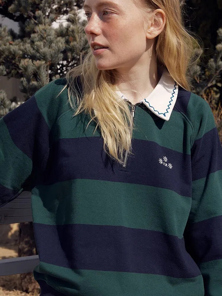 Collar and chest embroidery detail of FRITUR Embroidery Round Collar Sweatshirt in Green