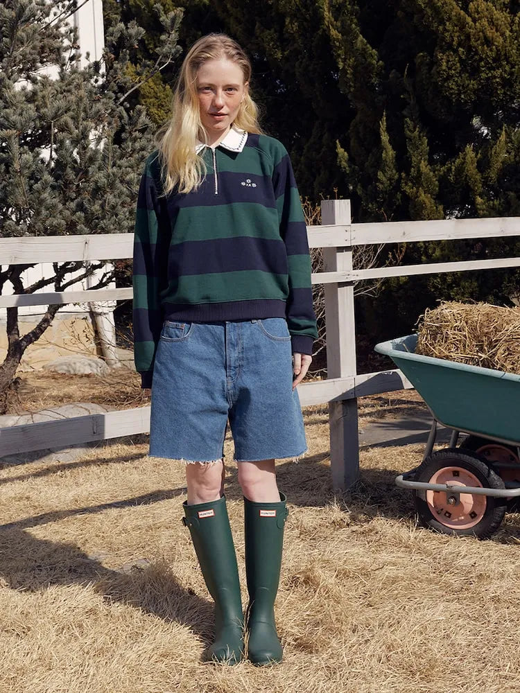 Full outfit featuring FRITUR Embroidery Round Collar Sweatshirt in Green