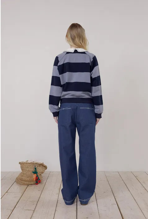 Back view of model wearing FRITUR Embroidery Round Collar Sweatshirt in Light Blue