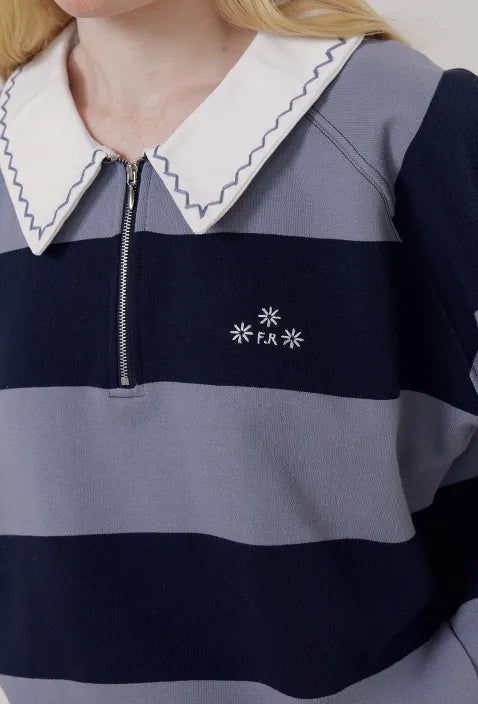 Embroidery collar detail of FRITUR Embroidery Round Collar Sweatshirt in Light Blue