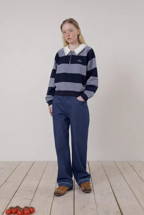 Full outfit featuring FRITUR Embroidery Round Collar Sweatshirt in Light Blue