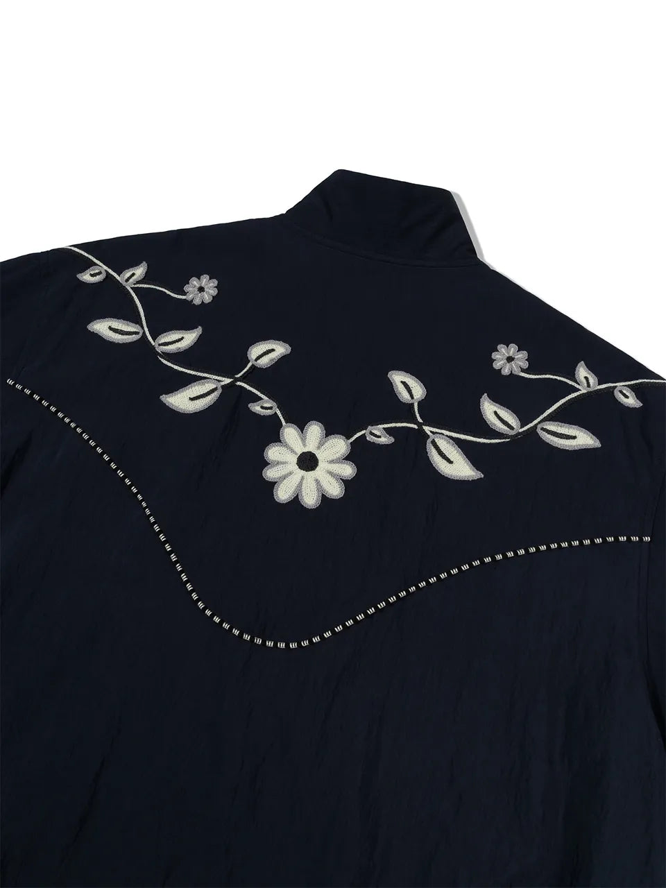 Back embroidery detail of FRITUR Embroidery Western Windbreaker in Navy
