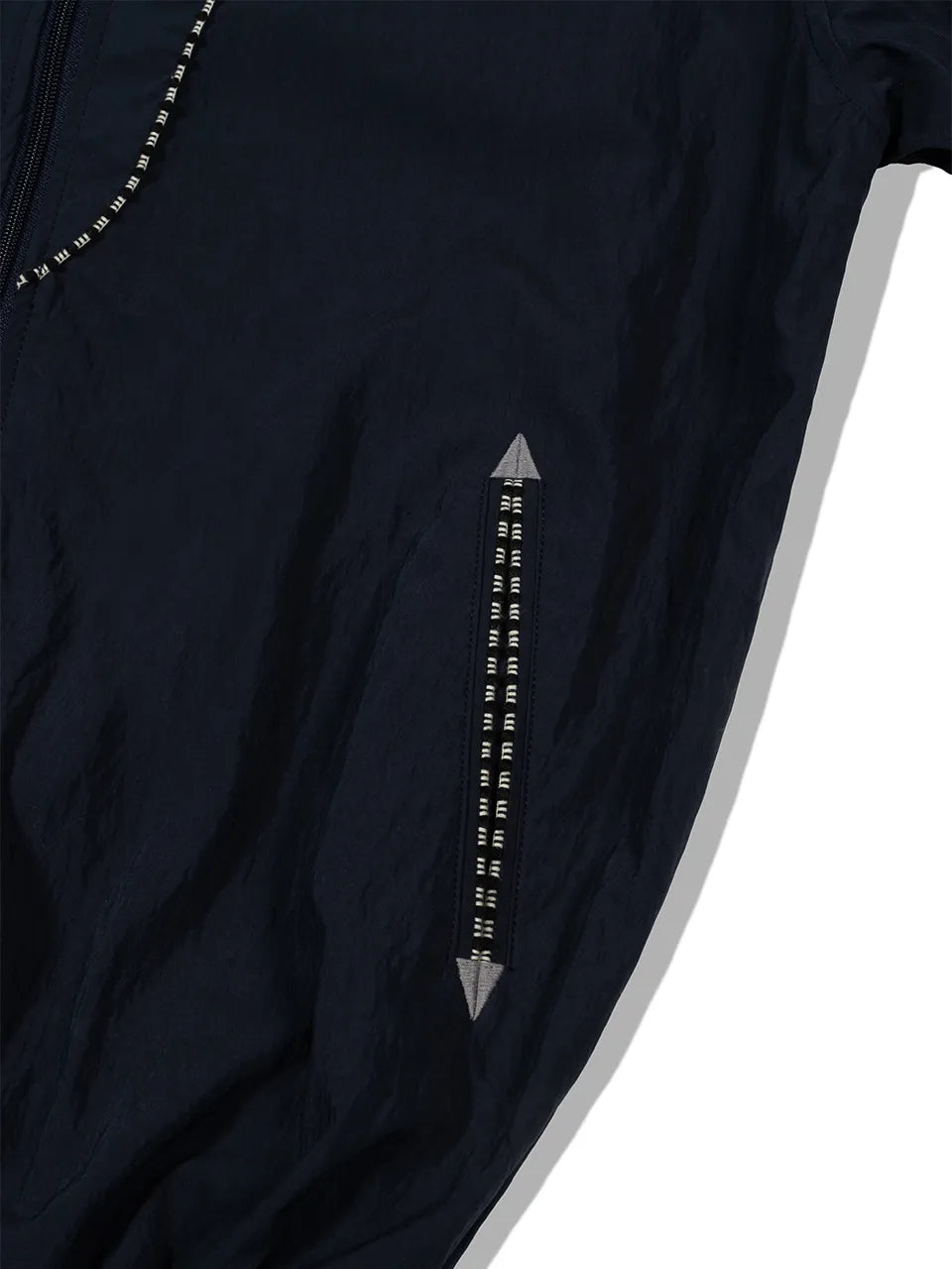 Zipper pocket detail of FRITUR Embroidery Western Windbreaker in Navy