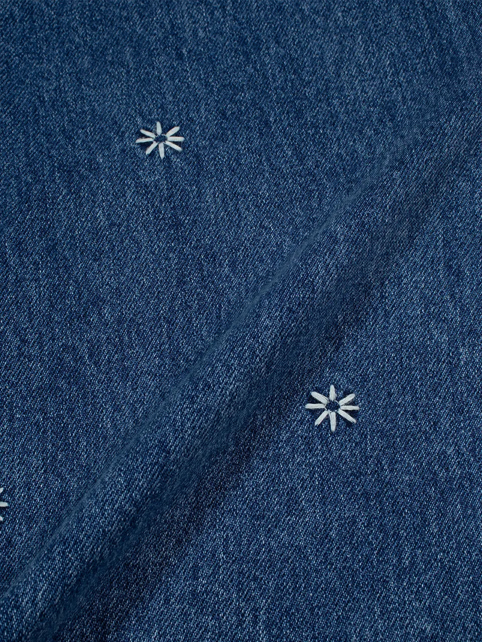 Embroidery detail of FRITUR Kyoto Denim Pants in Blue