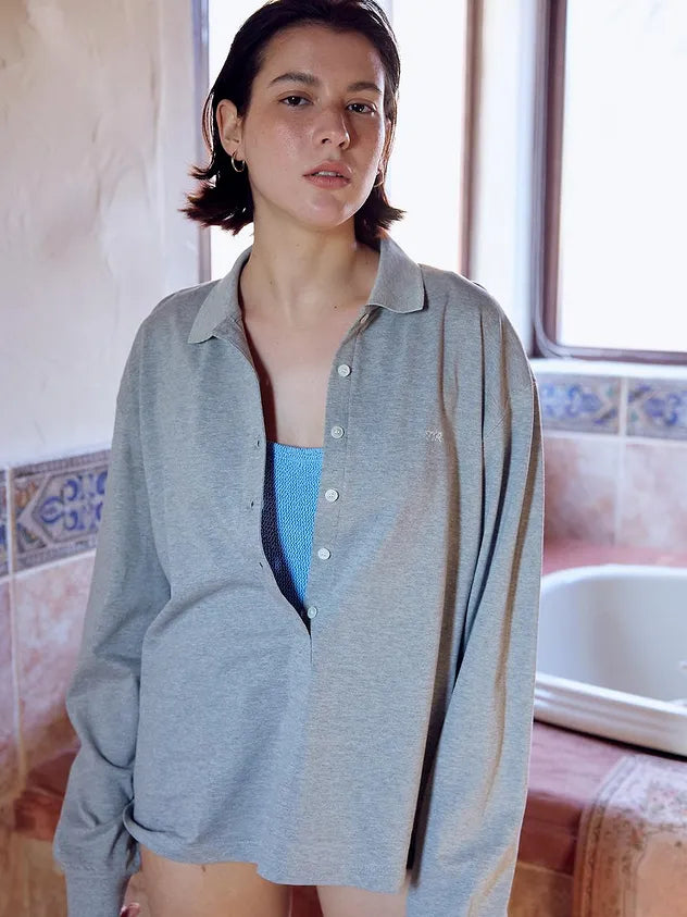 Front view of model wearing FRITUR Languid Pique Shirt in Grey