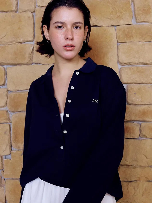 Front view of model wearing FRITUR Languid Pique Shirt in Navy