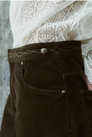 Corduroy pocket detail of FRITUR Layered Corduroy Pants in Khaki