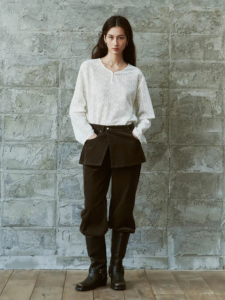 Model wearing FRITUR Layered Corduroy Pants in Khaki