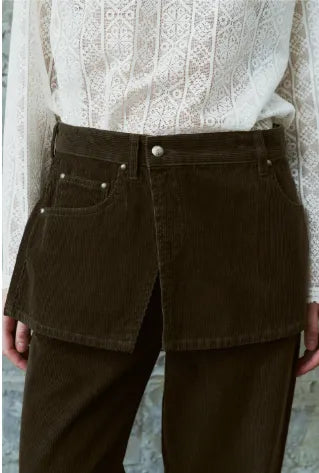 Layered waistband detail of FRITUR Layered Corduroy Pants in Khaki