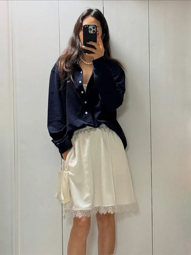 Full outfit featuring FRITUR Pintuck Satin Midi Skirt in White