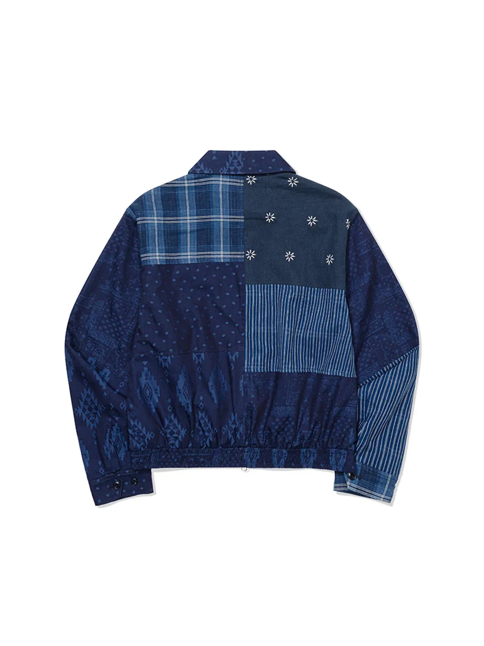 Back view of FRITUR Signature Patchwork Bomber Jacket in Navy
