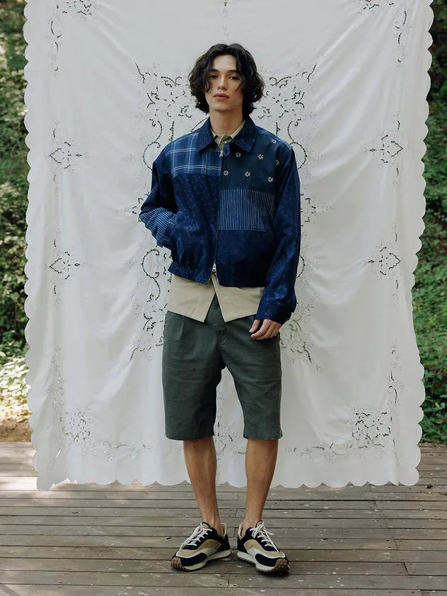 Full outfit featuring FRITUR Signature Patchwork Bomber Jacket in Navy