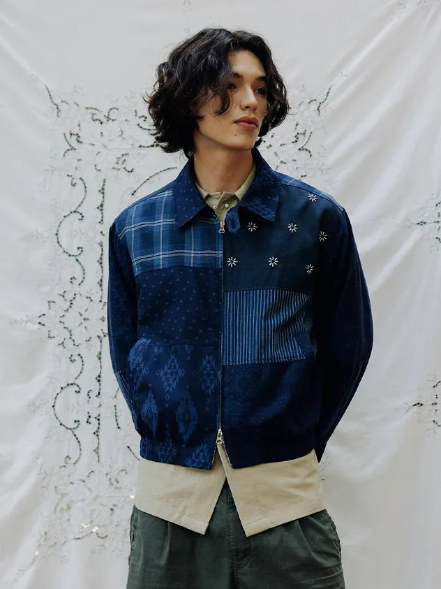 Man wearing FRITUR Signature Patchwork Bomber Jacket in Navy