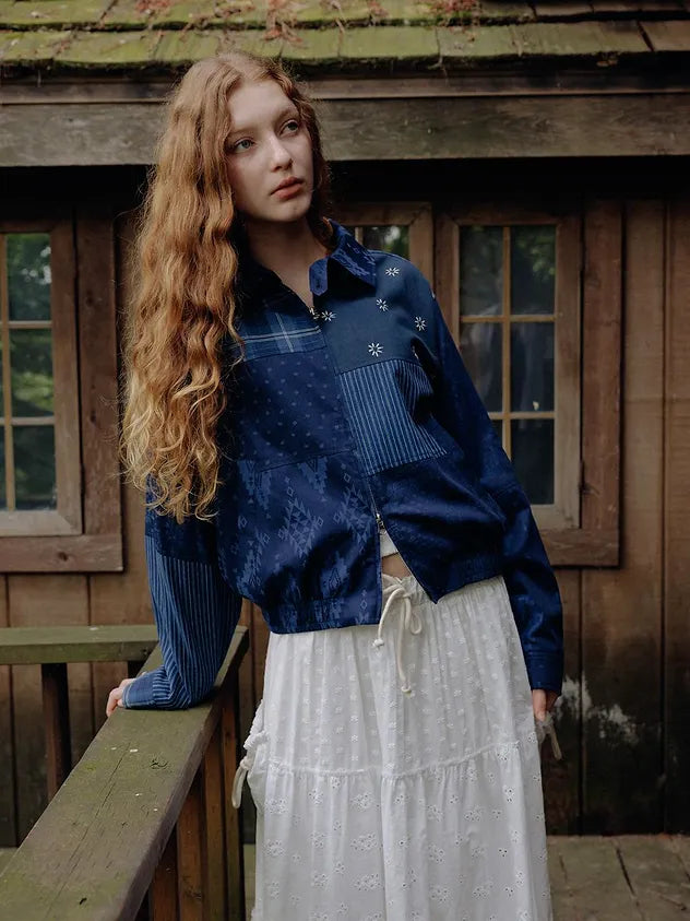 Woman styling FRITUR Signature Patchwork Bomber Jacket in Navy