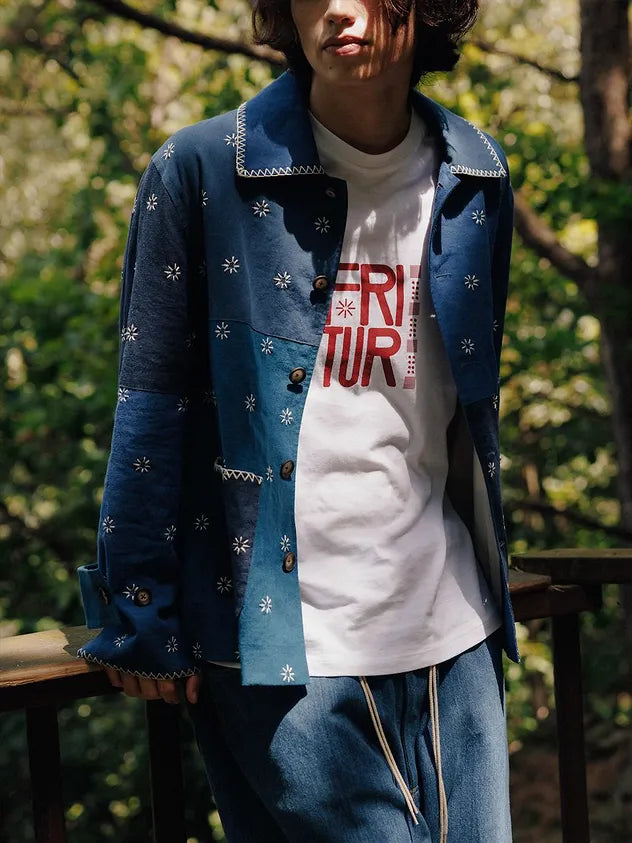 Casual styling with FRITUR The KYOTO Patchwork Jacket in Blue