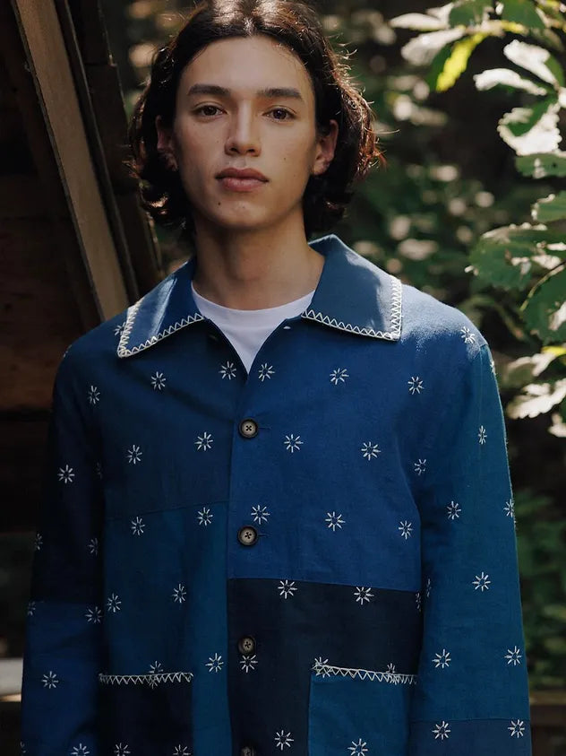 Man wearing FRITUR The KYOTO Patchwork Jacket in Blue