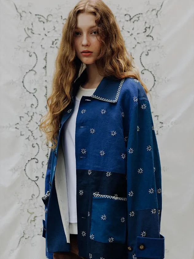 Front look of FRITUR The KYOTO Patchwork Jacket in Blue on model