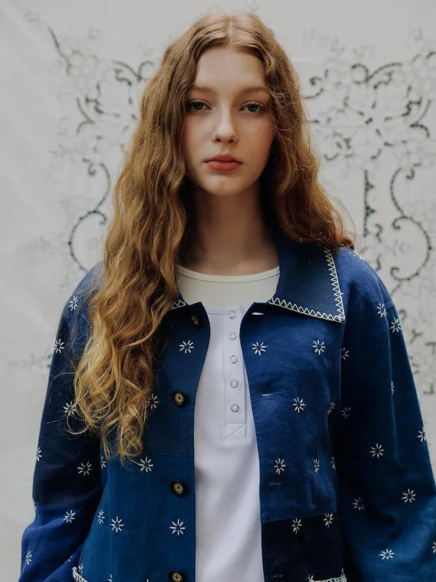 Woman wearing FRITUR The KYOTO Patchwork Jacket in Blue
