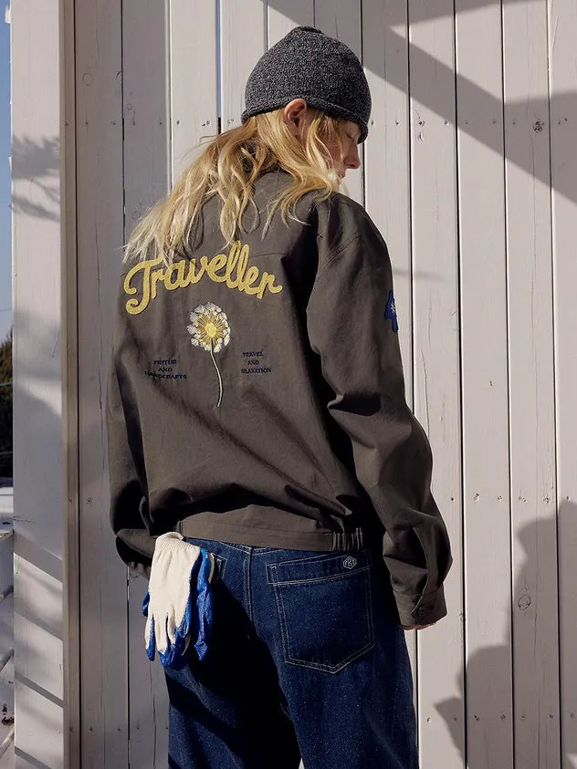Back view of model wearing FRITUR Traveller Bomber Jacket in Khaki