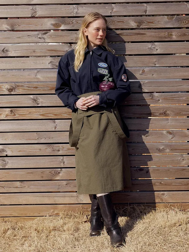 Front view of model wearing FRITUR Traveller Bomber Jacket in Navy