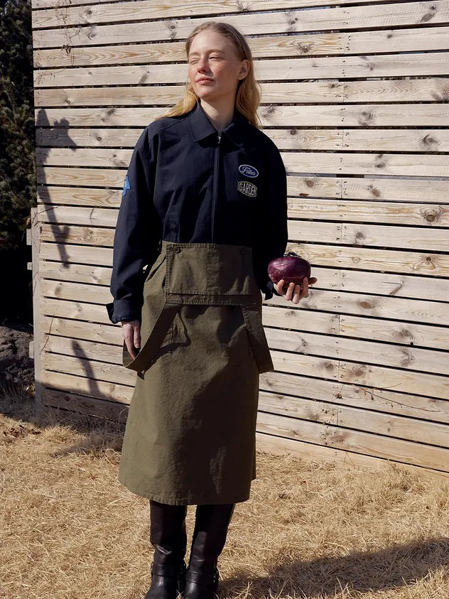 Full outfit featuring FRITUR Traveller Bomber Jacket in Navy