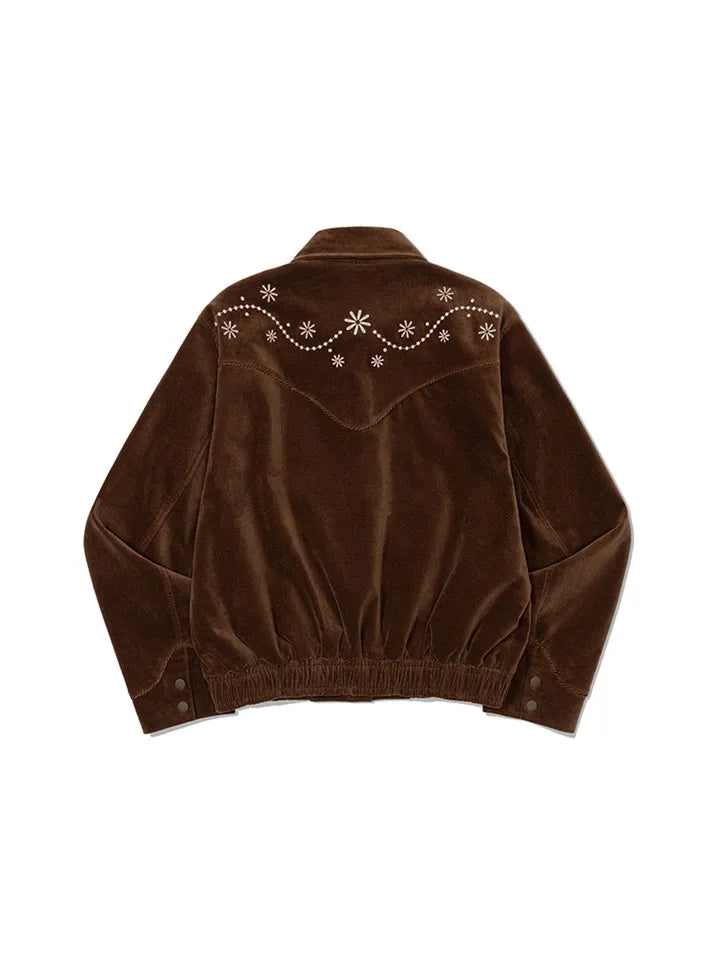 Back view of FRITUR Western Embroidery Bomber Jacket in Brown