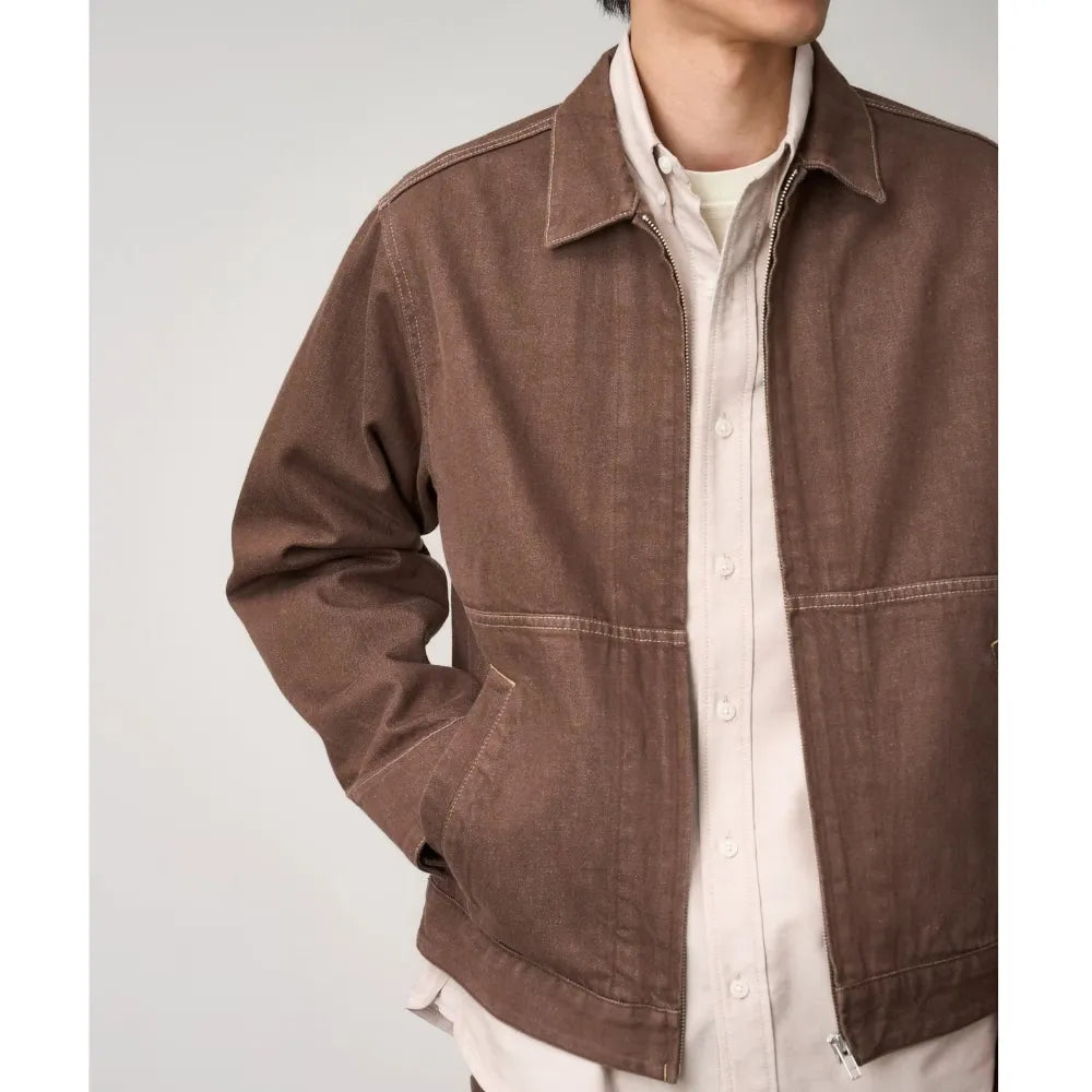 Close-up of Gramicci Men's Japanese Slub Denim Jacket in Amber