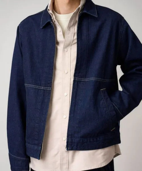 Close-up of Gramicci Men's Japanese Slub Denim Jacket in Indigo