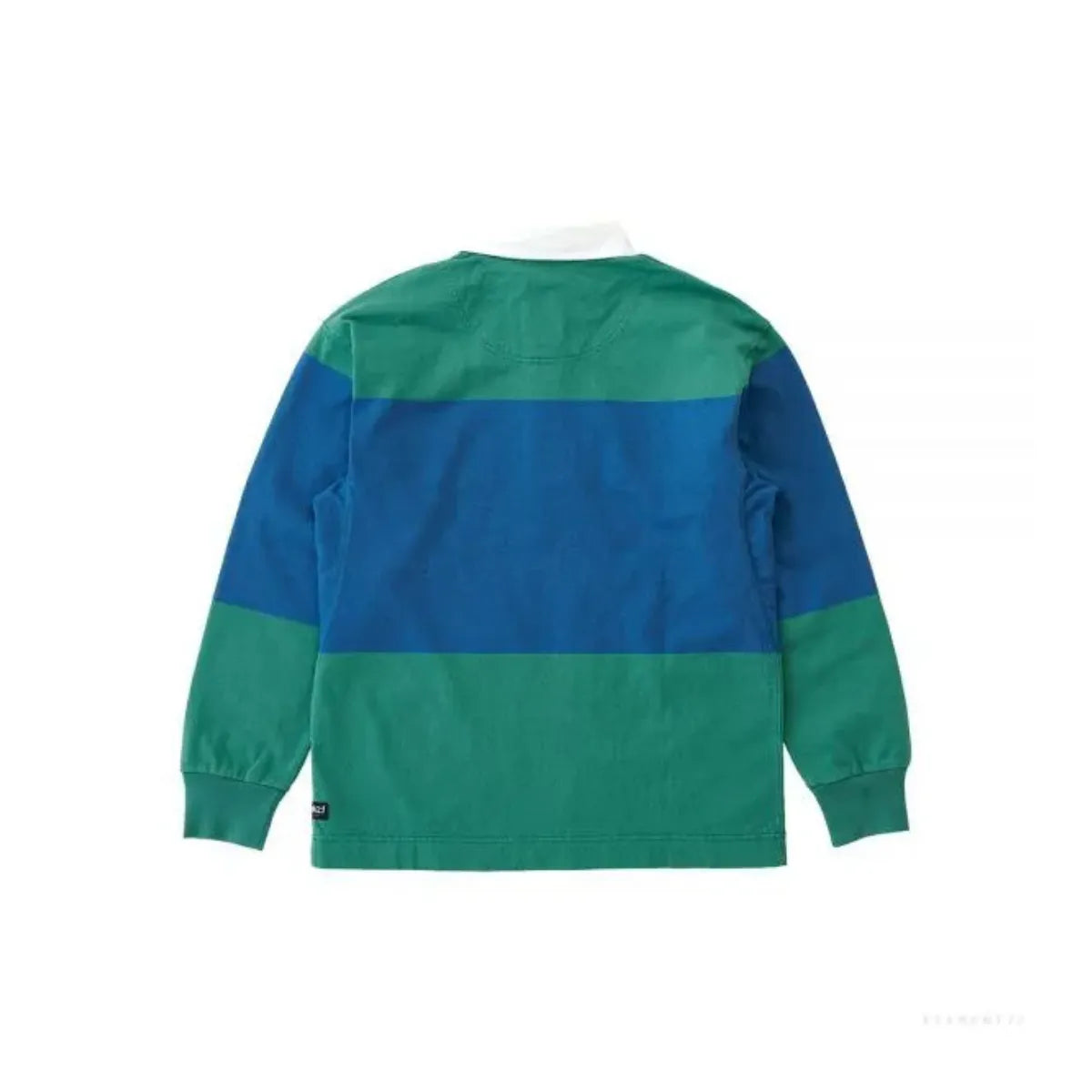 Back view of Gramicci Men's Langdon Rugby Shirt in Cerulean and Emerald
