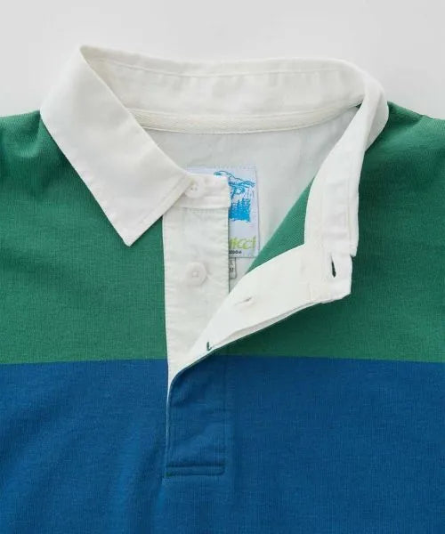Collar detail of Gramicci Men's Langdon Rugby Shirt in Cerulean and Emerald