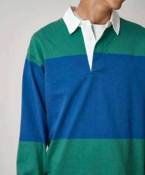 Close-up of Gramicci Men's Langdon Rugby Shirt in Cerulean and Emerald