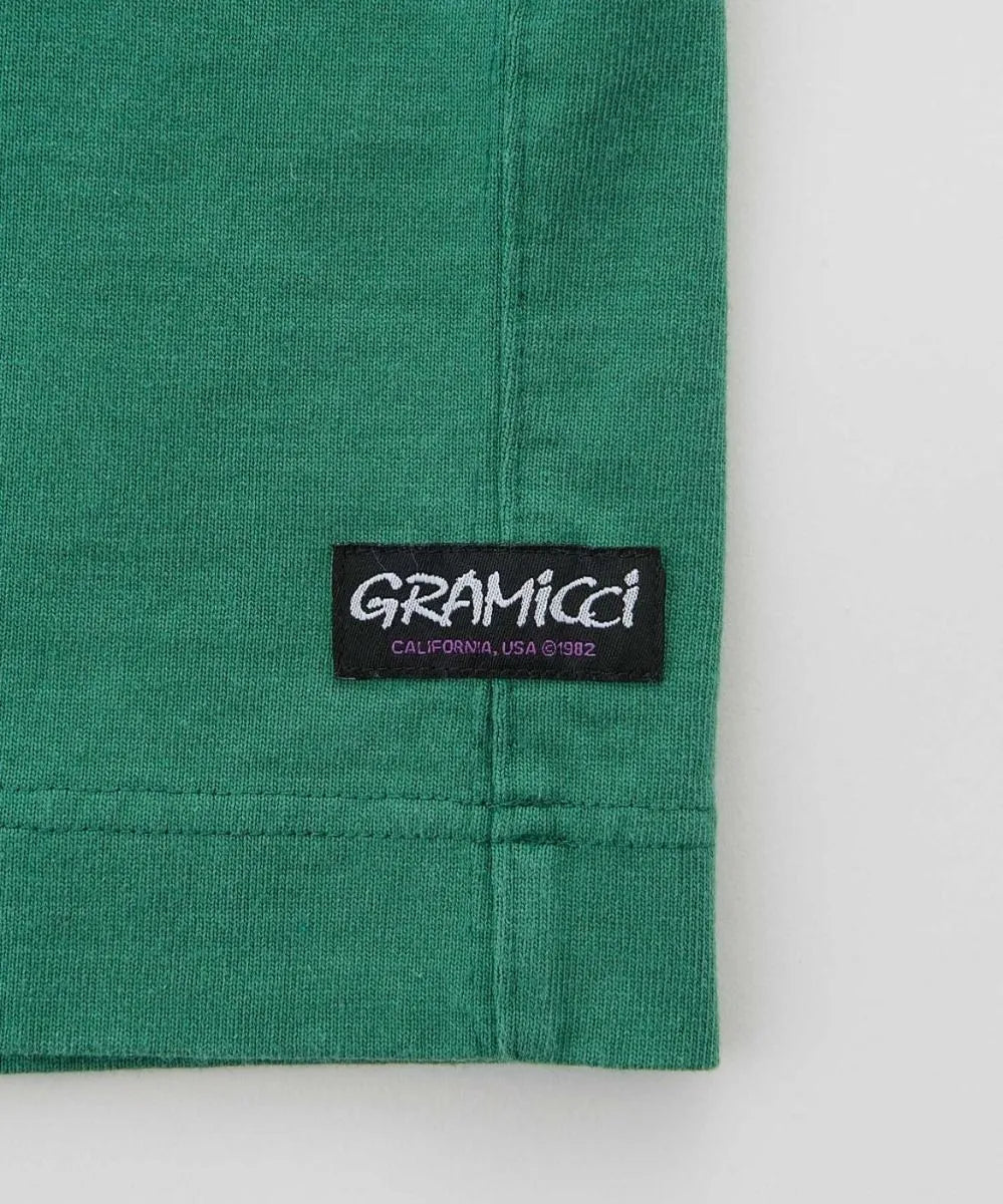 Gramicci logo detail on Langdon Rugby Shirt in Cerulean and Emerald