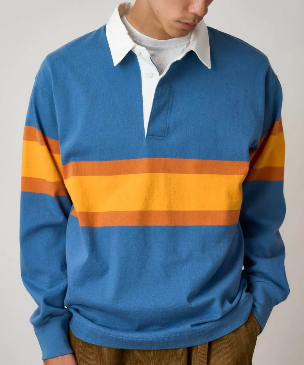 Close-up of Gramicci Men's Langdon Rugby Shirt in Sky and Apricot