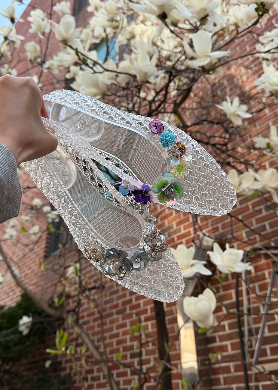 Close-up of Heavenly Jelly Totzpping 11683 Silver on mesh shoes