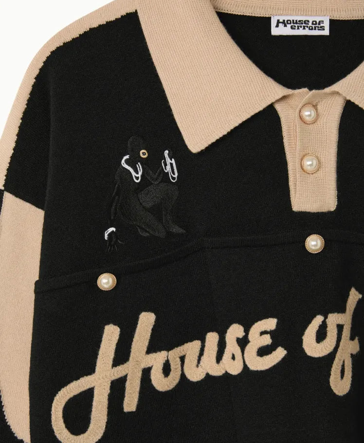 House Of Errors Femme Fatale Knitted Rugby Black Beige knit and logo detail