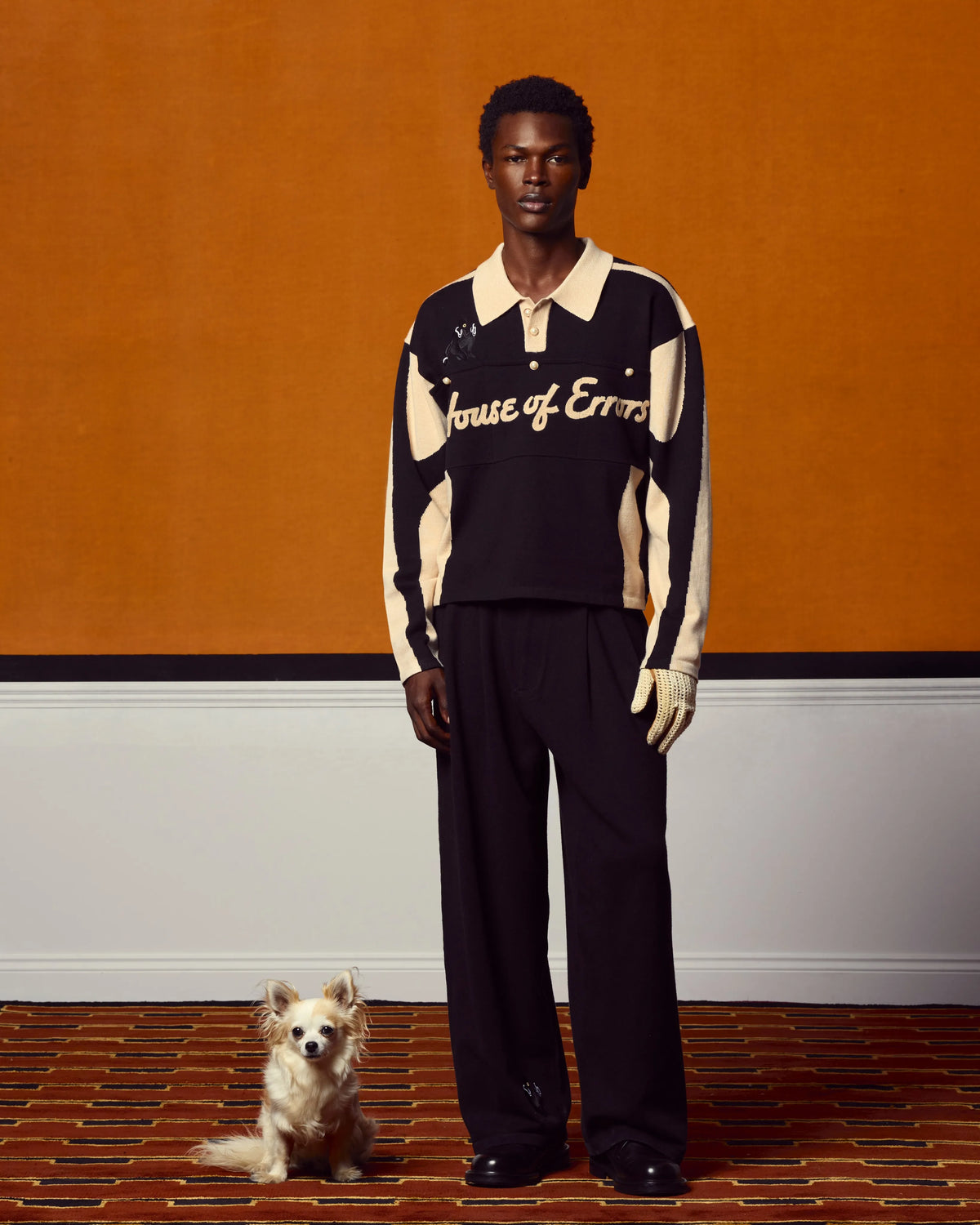 House Of Errors Femme Fatale Knitted Rugby Black Beige full outfit view