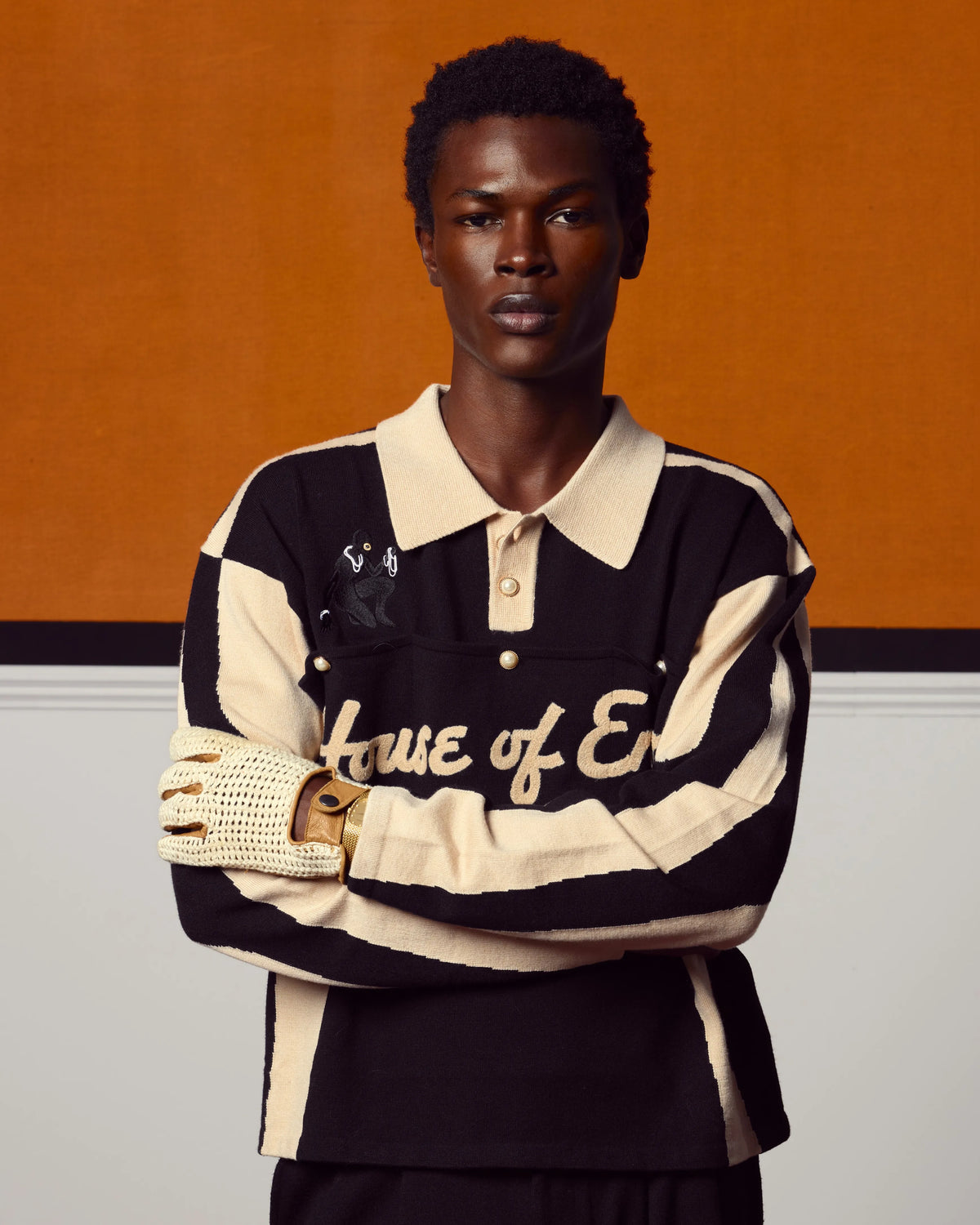 House Of Errors Femme Fatale Knitted Rugby Black Beige worn by model