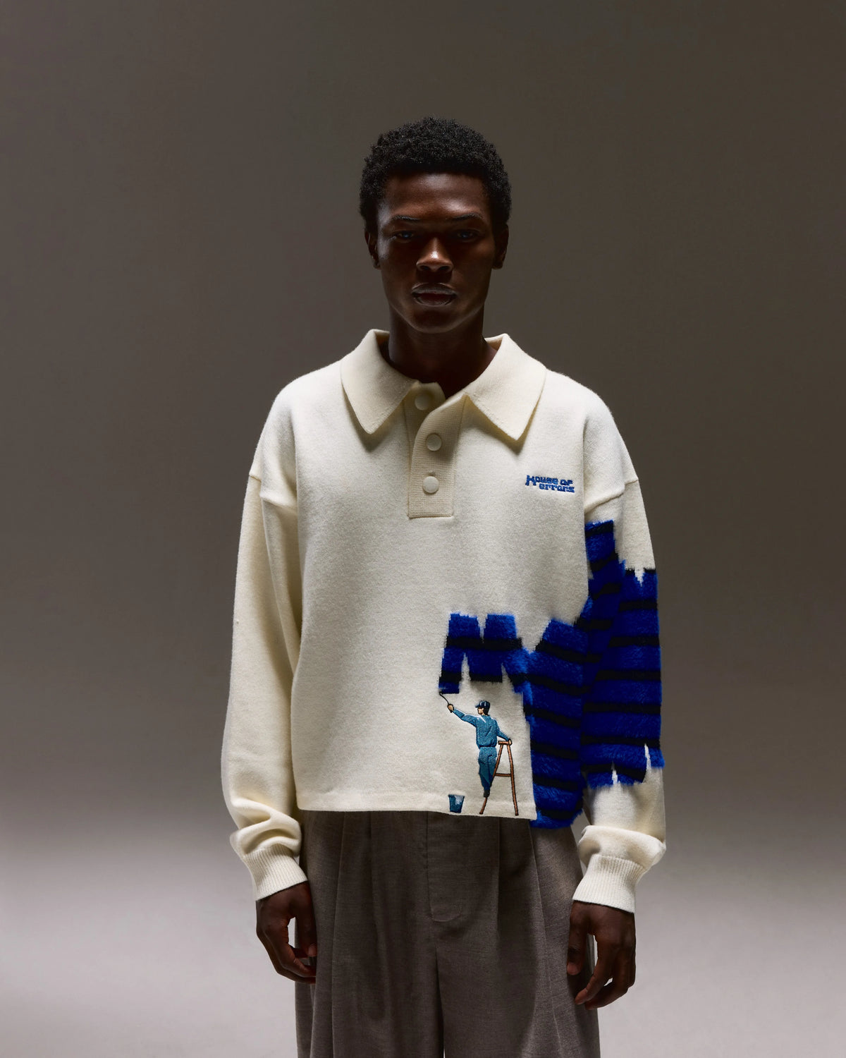 House Of Errors Knitted Wall Painter Rugby Cream Striped worn by model