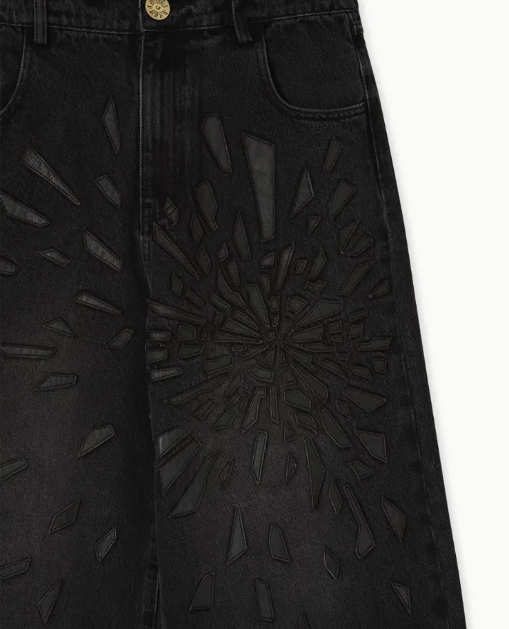 House Of Errors Smashed Leather Glass Jeans Washed Black leather detail